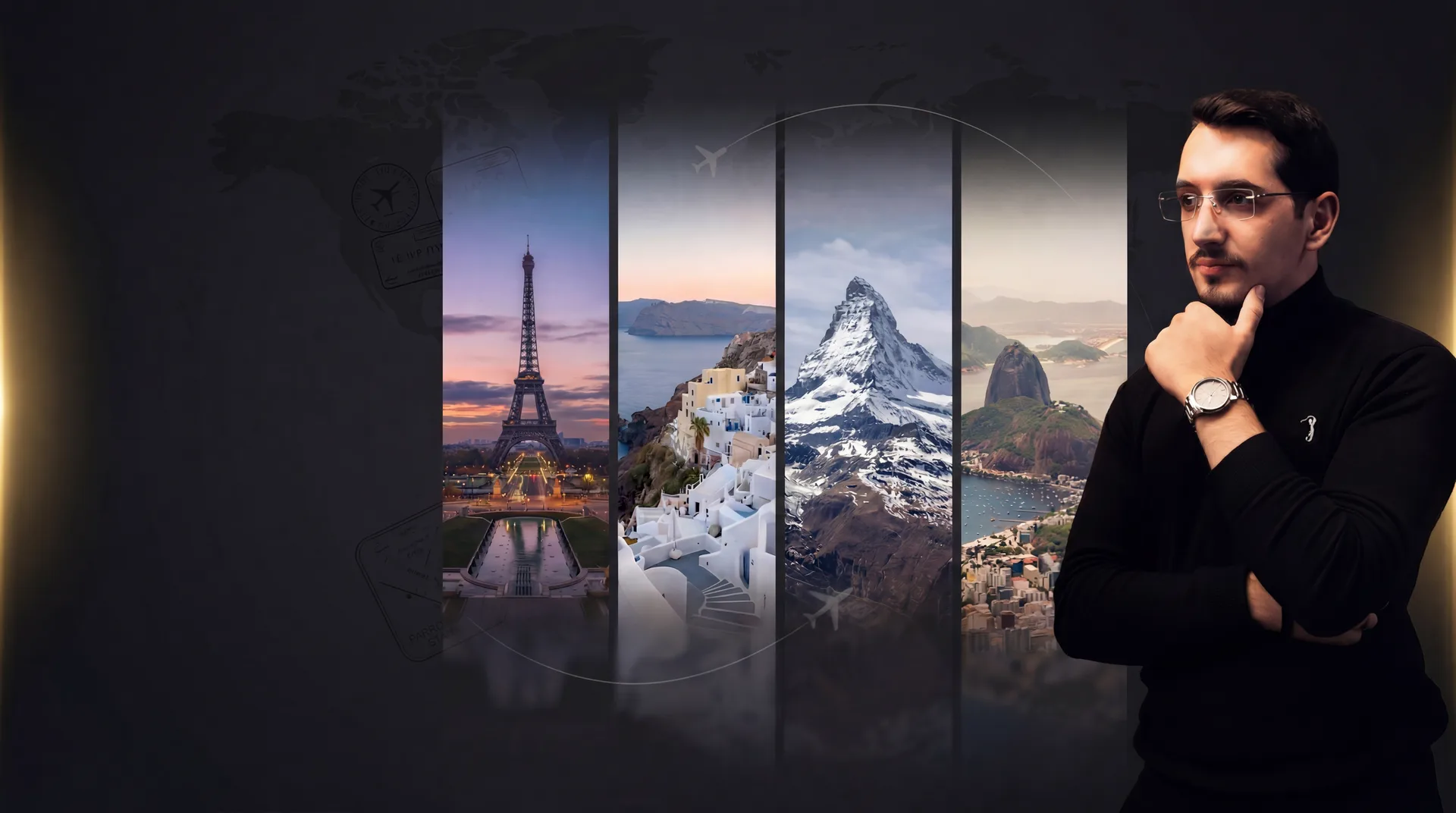Henrique Sanchez ao lado de destinos internacionais em uma composição de viagem